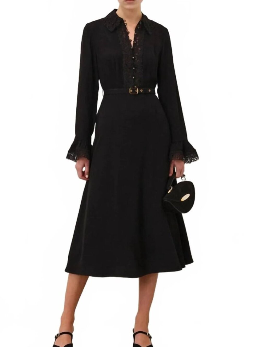 Zimmermann Belted Lace Trim Midi Dress In Black Women's Size US 10/AU 3